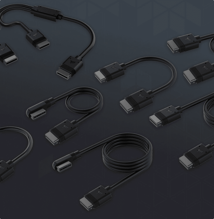 Array of iCUE LINK cables in different lengths and form factors.