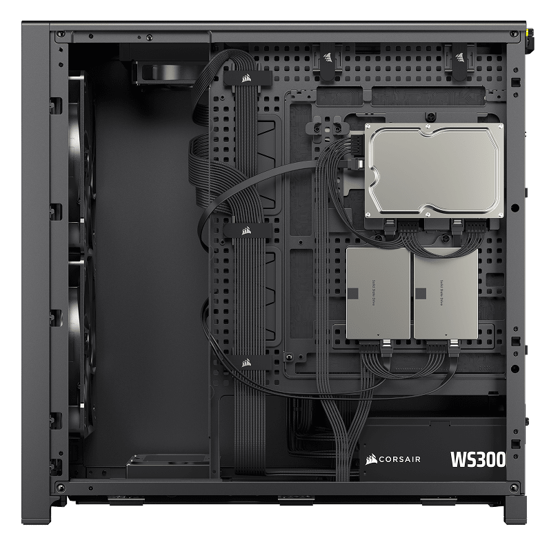 Interior view of a computer case showing mounted components and cable routing.