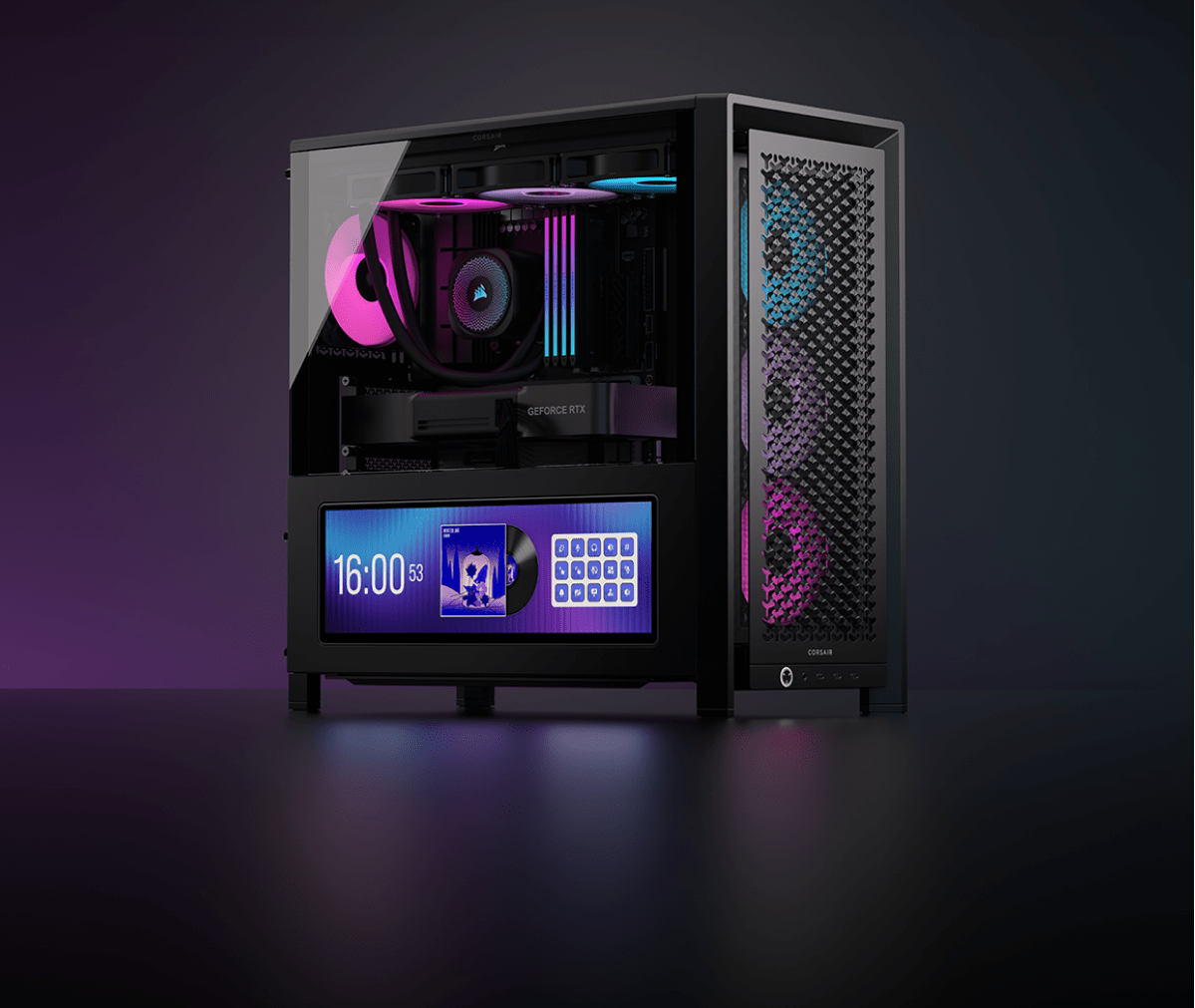 Three quarters shot of a CORSAIR FRAME 4000D LCD RS ARGB