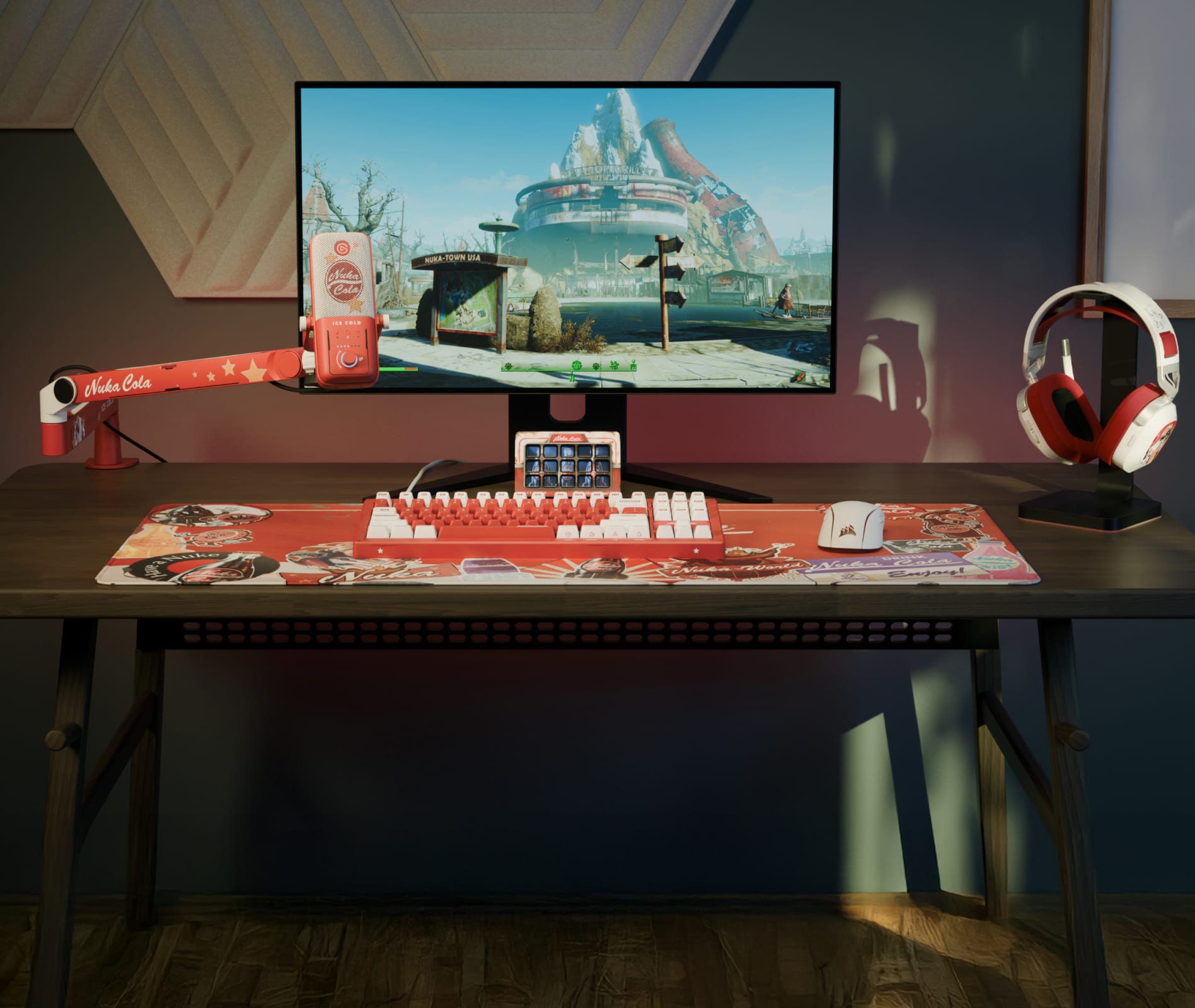 A desktop setup featuring the Fallout Nuka Cola products in collaboration with CORSAIR.