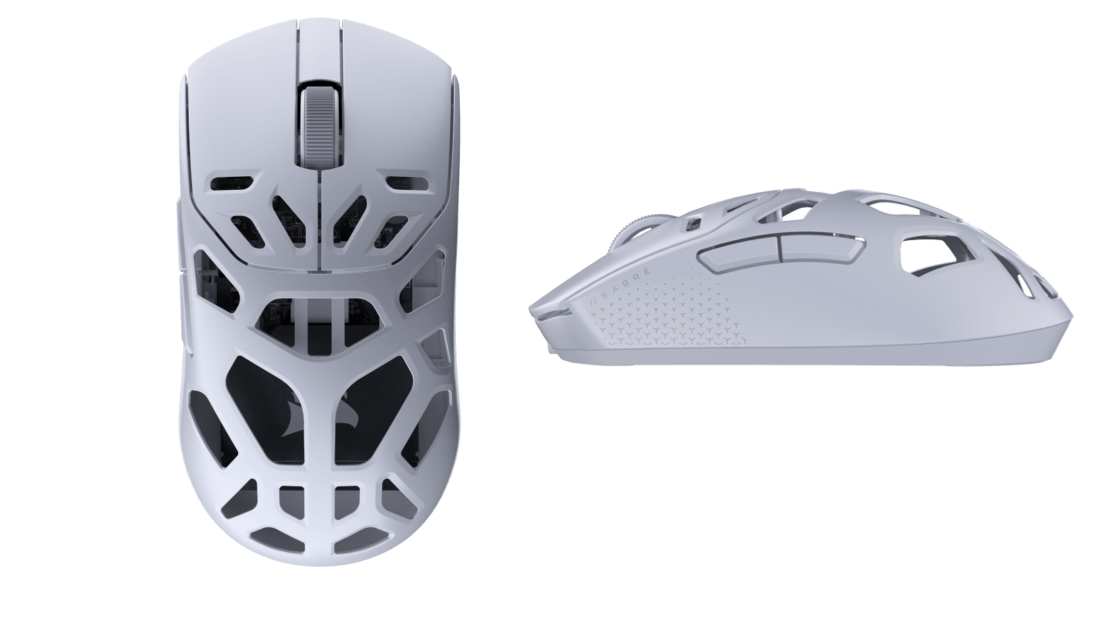 Diagram of the SABRE v2 PRO WIRELESS MG showing that the mouse measures 38.83mm ± 0.5mm tall, 122.9mm ± 0.5mm long, 64.1mm ± 0.5mm wide, and weighs 56g.