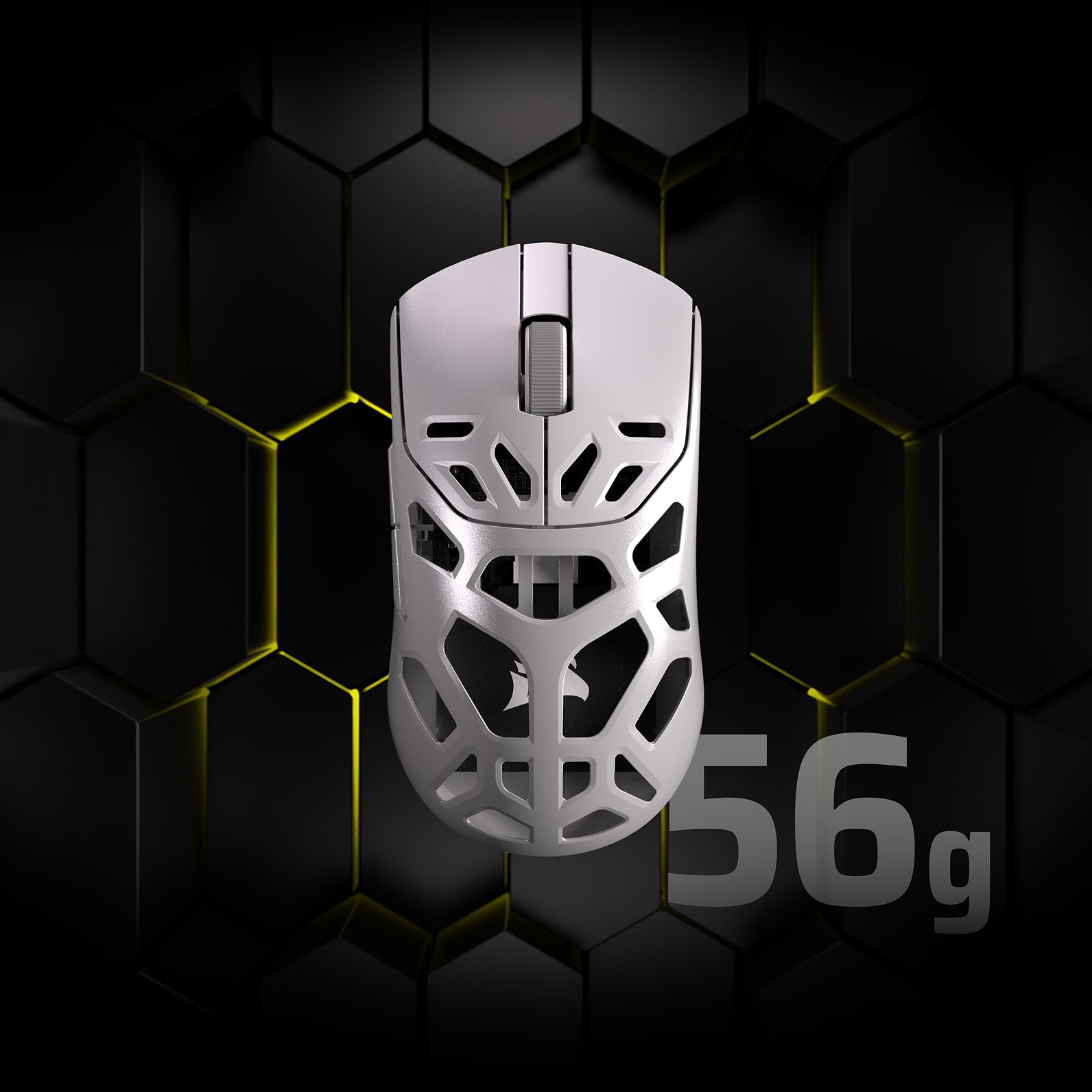 An overhead shot of SABRE v2 PRO MG WIRELESS on top of text that lists its weight at 56g.