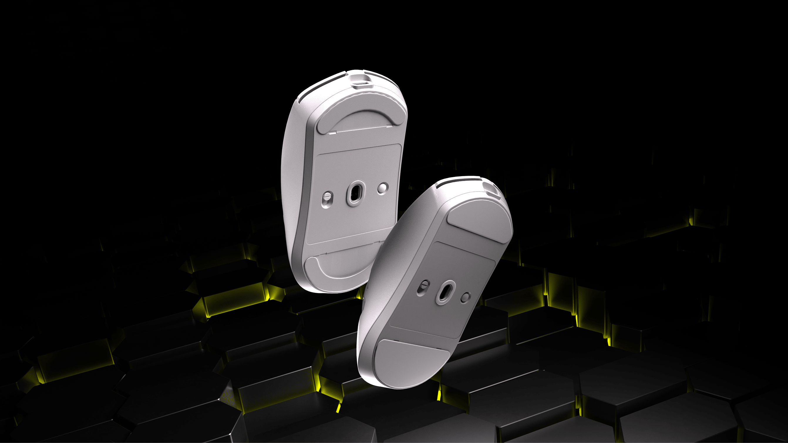 An underside shot of the mouse skates on the SABRE v2 PRO WIRELESS MG in white.