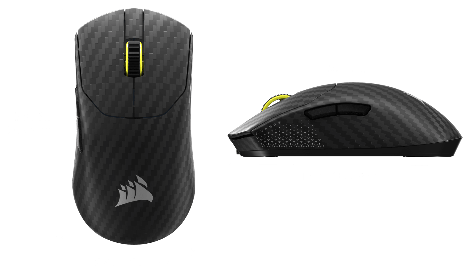Diagram of the SABRE v2 PRO WIRELESS CF showing that the mouse measures 38.8mm ± 0.5mm tall, 122.9mm ± 0.5mm long, 64.1mm ± 0.5mm wide, and weighs 56g.