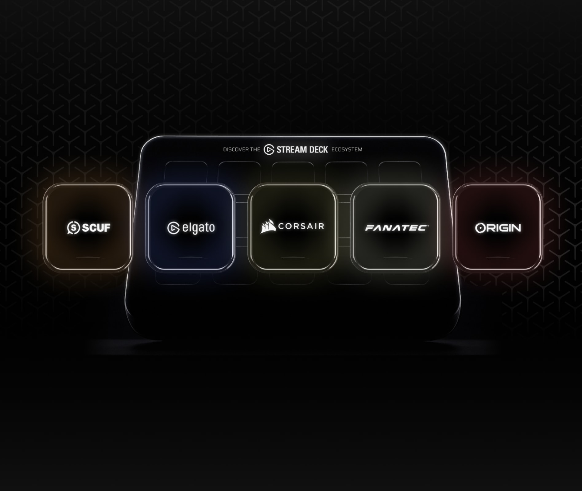 All CORSAIR family brand logos displayed on Stream Deck buttons in front of an Elgato Stream Deck.