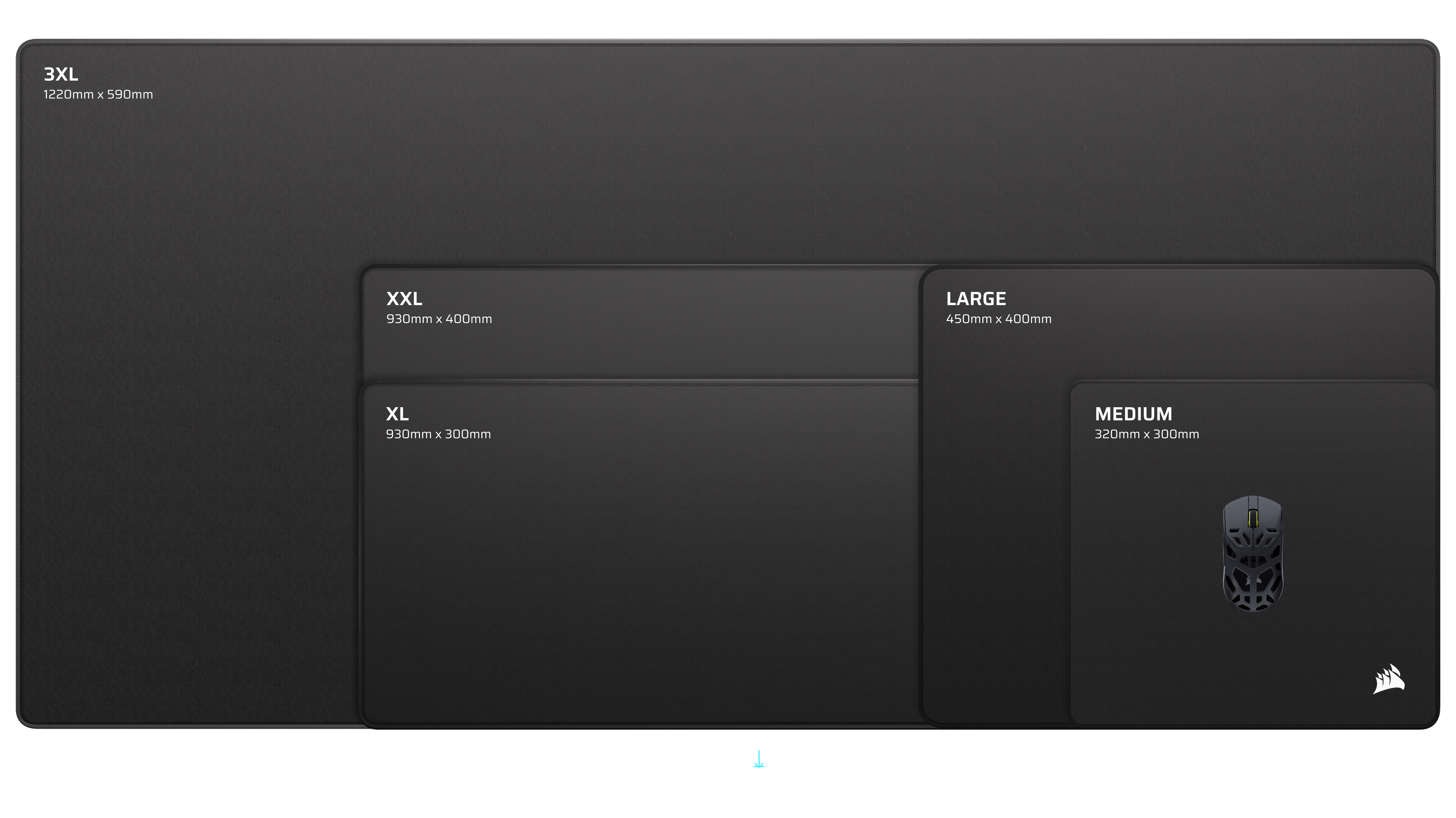 MM CLOTH mousepad size comparison chart showing 3XL, XXL, XL, Large and Medium variants with dimensions
