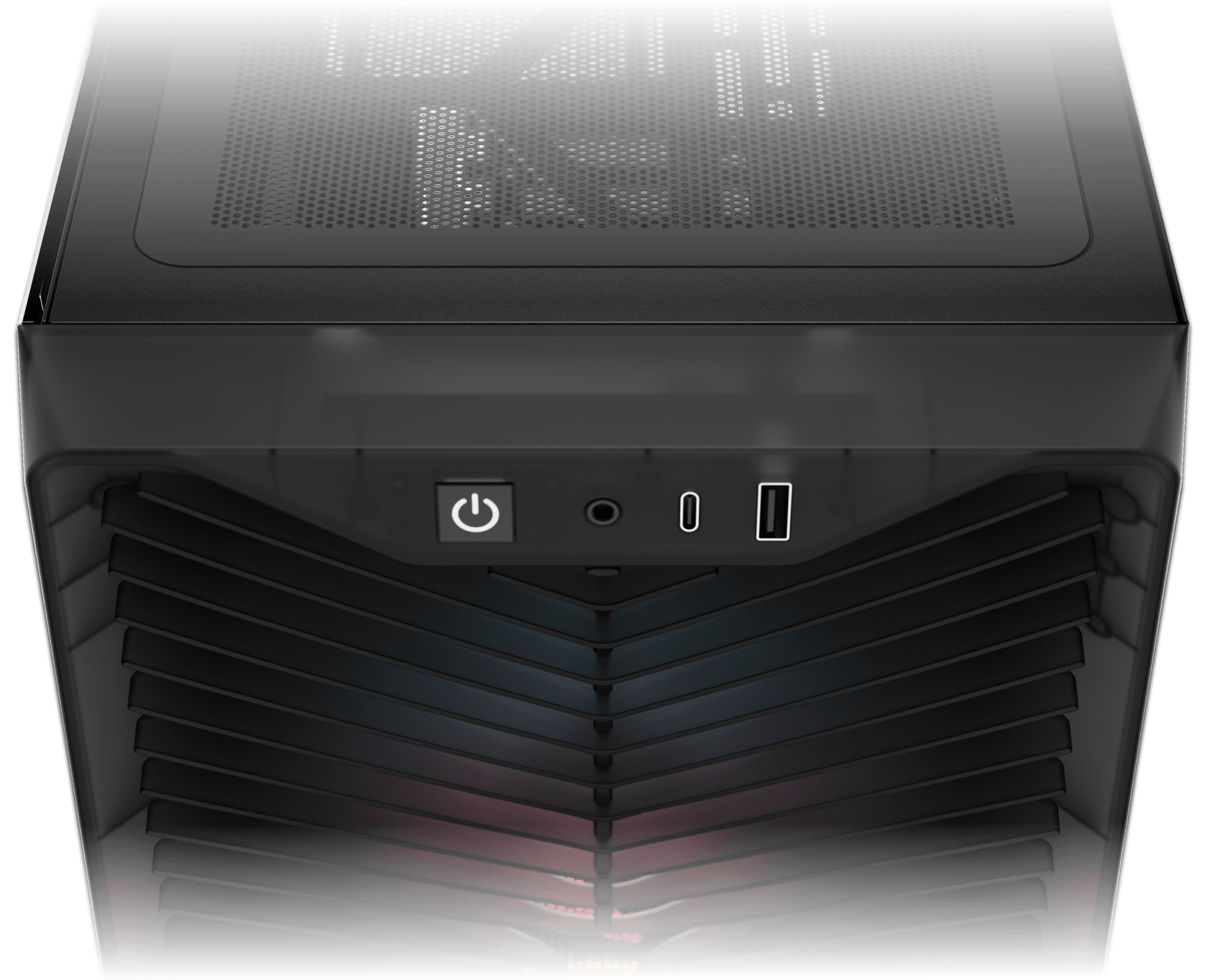 3200D RS ARGB smoke case top-down view showing front panel I/O: USB-C, USB-A ports, power button, and headphone jack.