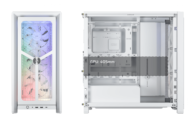 Dimensions diagram of the white FRAME 4000X RS showing front and side profiles with labeled GPU clearance of 405mm