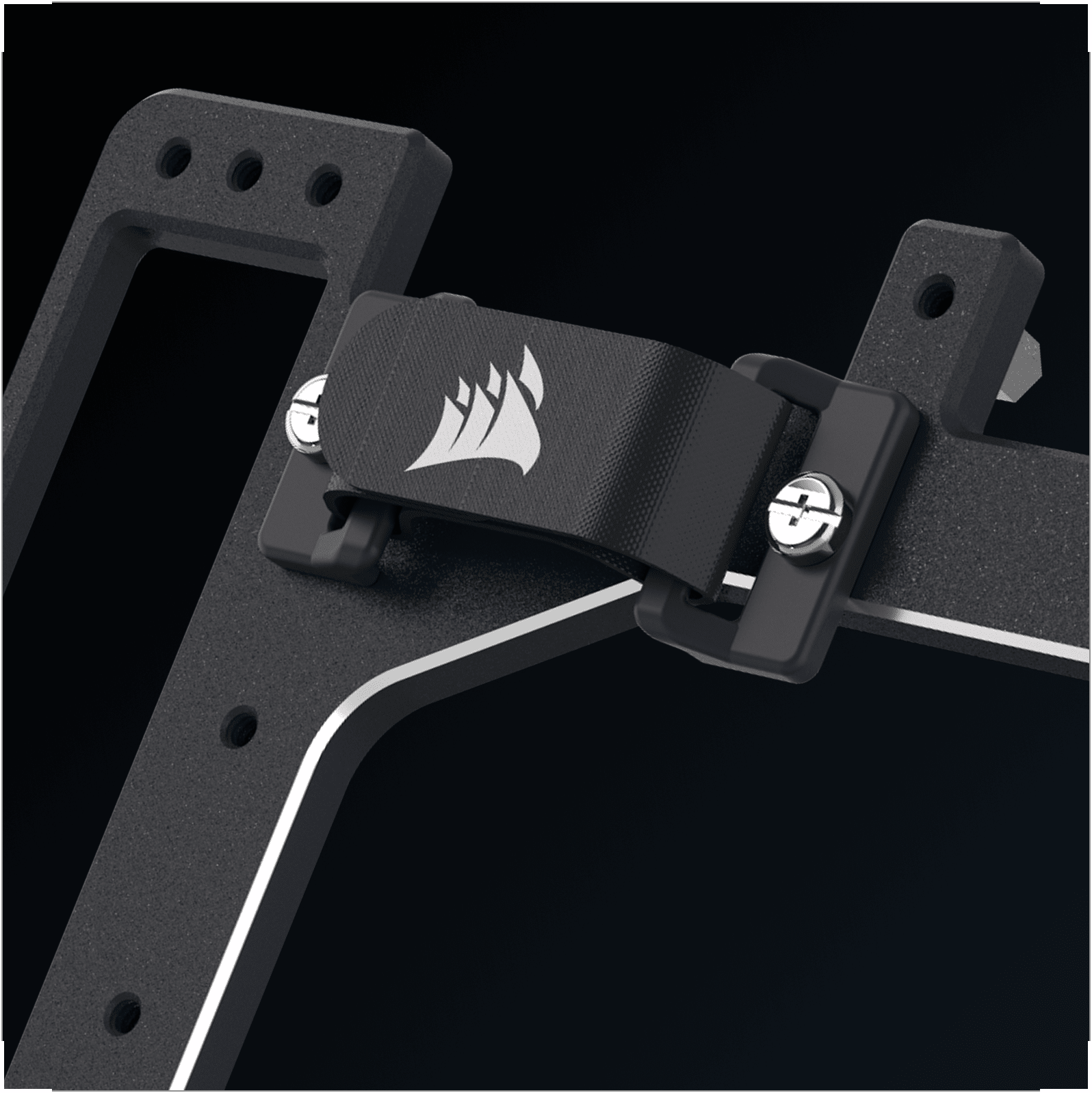 Close-up of the FRAME Series ELITE Motherboard Tray showcasing its solid aluminum construction with the Corsair logo bracket.