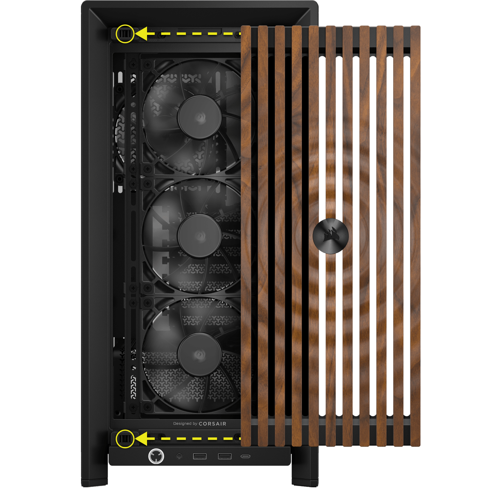 FRAME 4000 preto com painel frontal de nogueira ELITE Wood aberto mostrando 3 ventoinhas e indicações de parafusos de mão sem ferramentas
