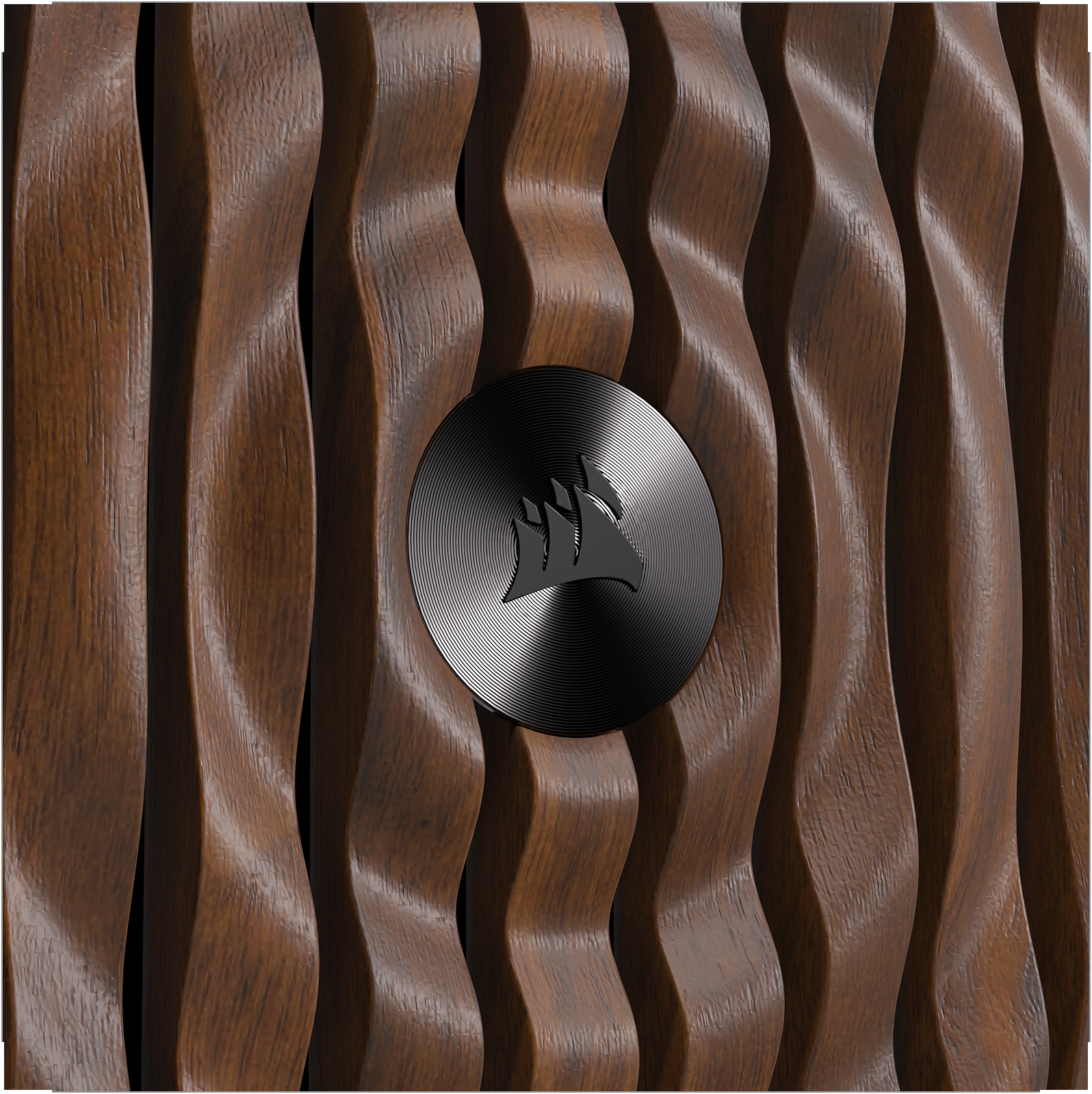 Close-up do painel frontal FRAME 4000 ELITE Wood em nogueira com textura de grão ondulada e medalhão Corsair preto