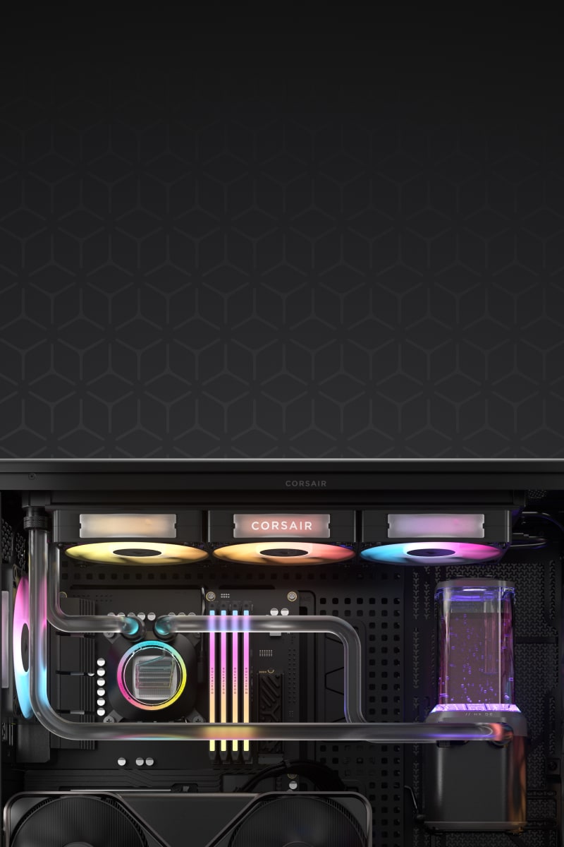 Two CORSAIR PC cases with Hydro X custom water cooling loops and RGB lighting, hero background for the Hydro X TLC page