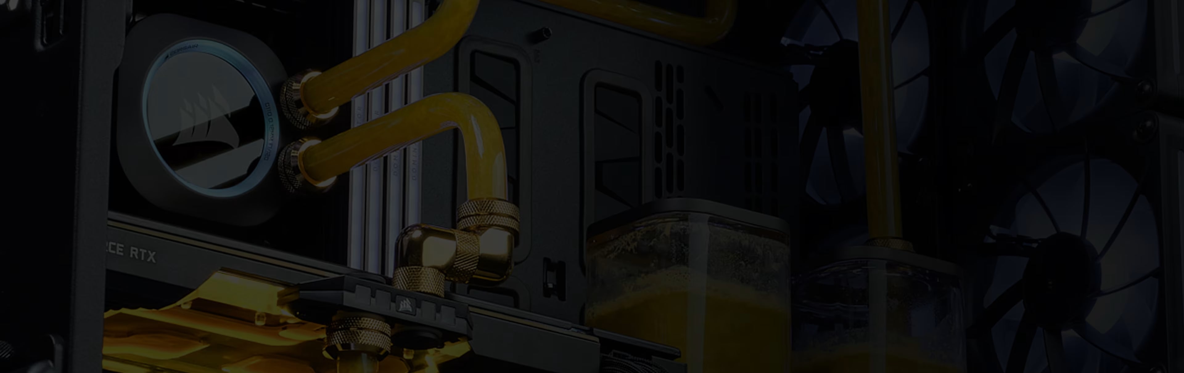 Dark background showing yellow custom water cooling tubing and GPU inside a PC case for the Hydro X TLC configurator