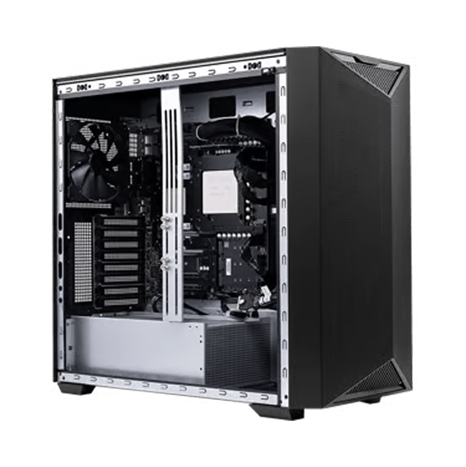 Exploded view of the Corsair 5000T PC case showing component layout with FPO placeholder overlay.