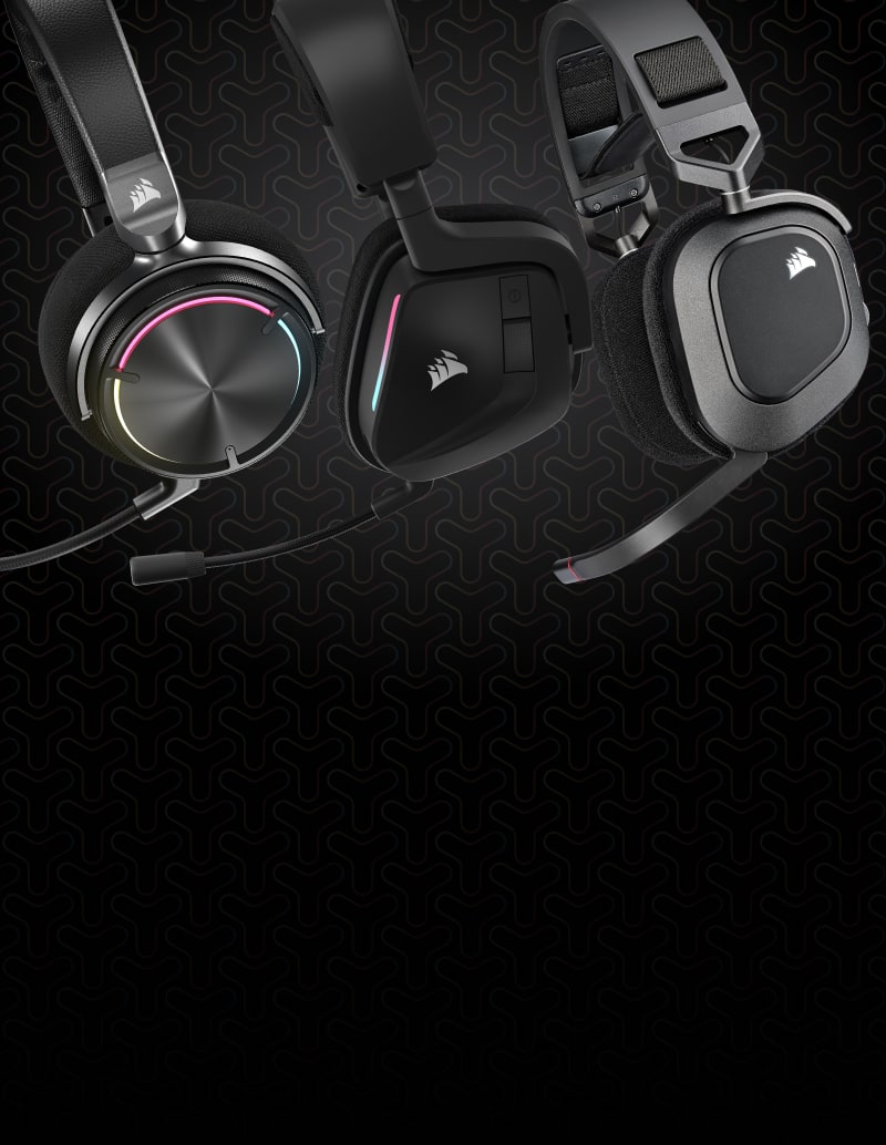 Three Corsair gaming headsets on a dark patterned background, featuring wired and wireless models with RGB lighting.