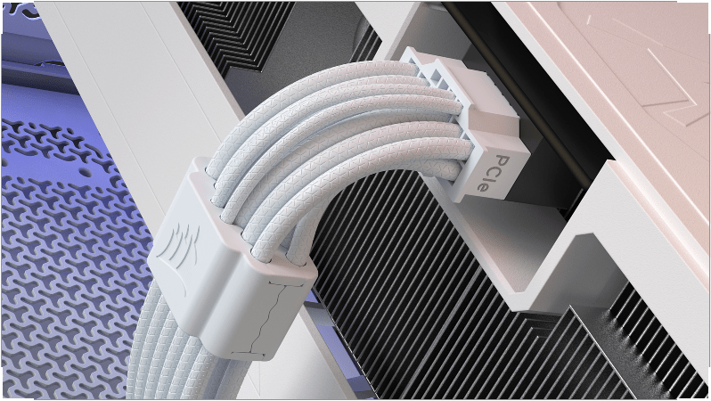White Corsair SLEEK ThermalProtect cable routed through a white PC build, showing the flexible braided cable bending around components with a PCIe connector