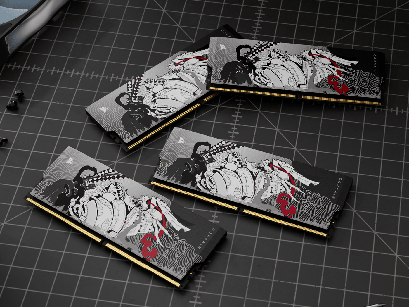 A set of four CORSAIR SHUGO memory sticks laid out.