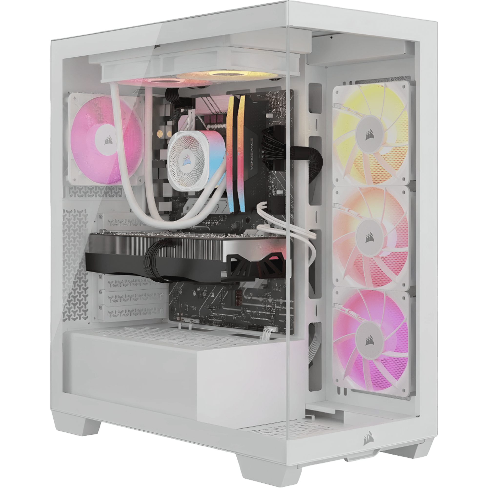 CORSAIR VENGEANCE a7500 gaming PC with tempered glass panel showcasing RGB liquid cooling and fans.