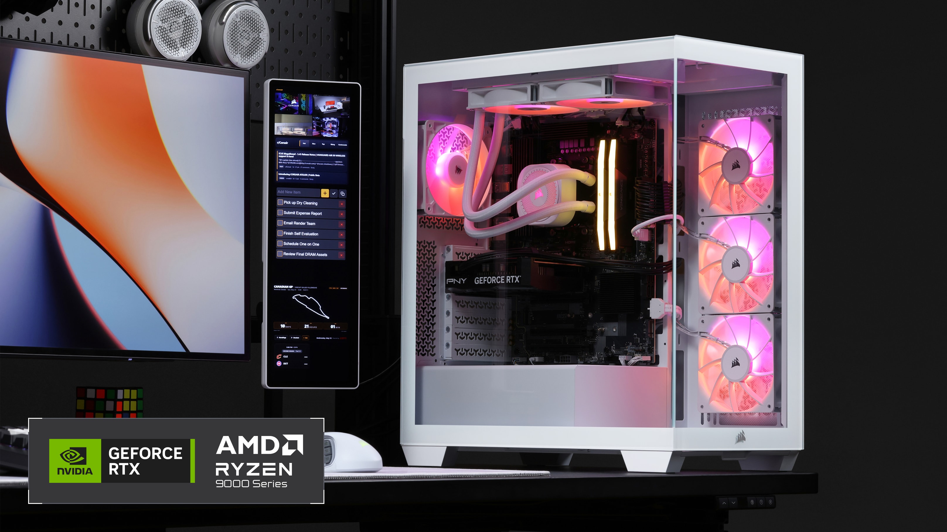CORSAIR gaming PC tower with RGB fans beside a monitor, featuring NVIDIA GeForce RTX and AMD Ryzen 9000 Series.
