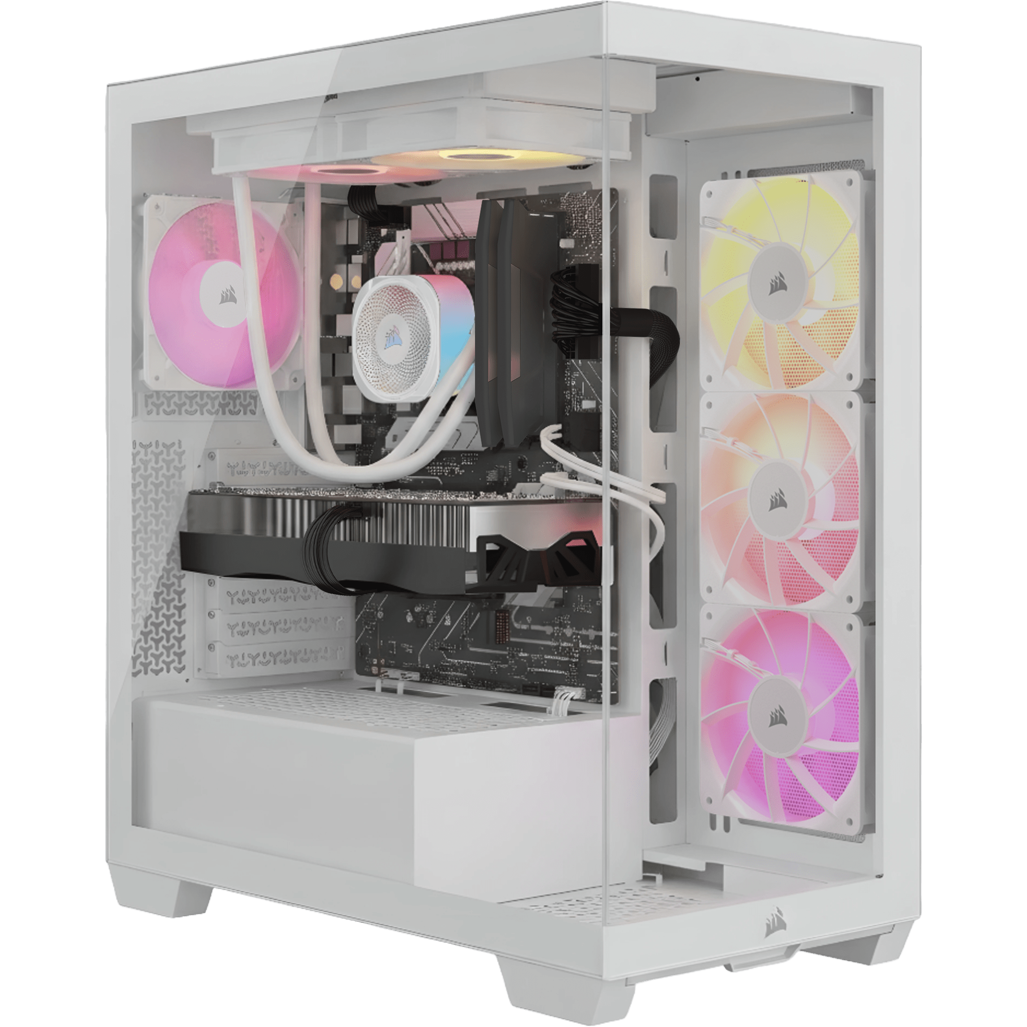 CORSAIR VENGEANCE a7500 gaming PC with tempered glass panel showcasing RGB liquid cooling and fans.