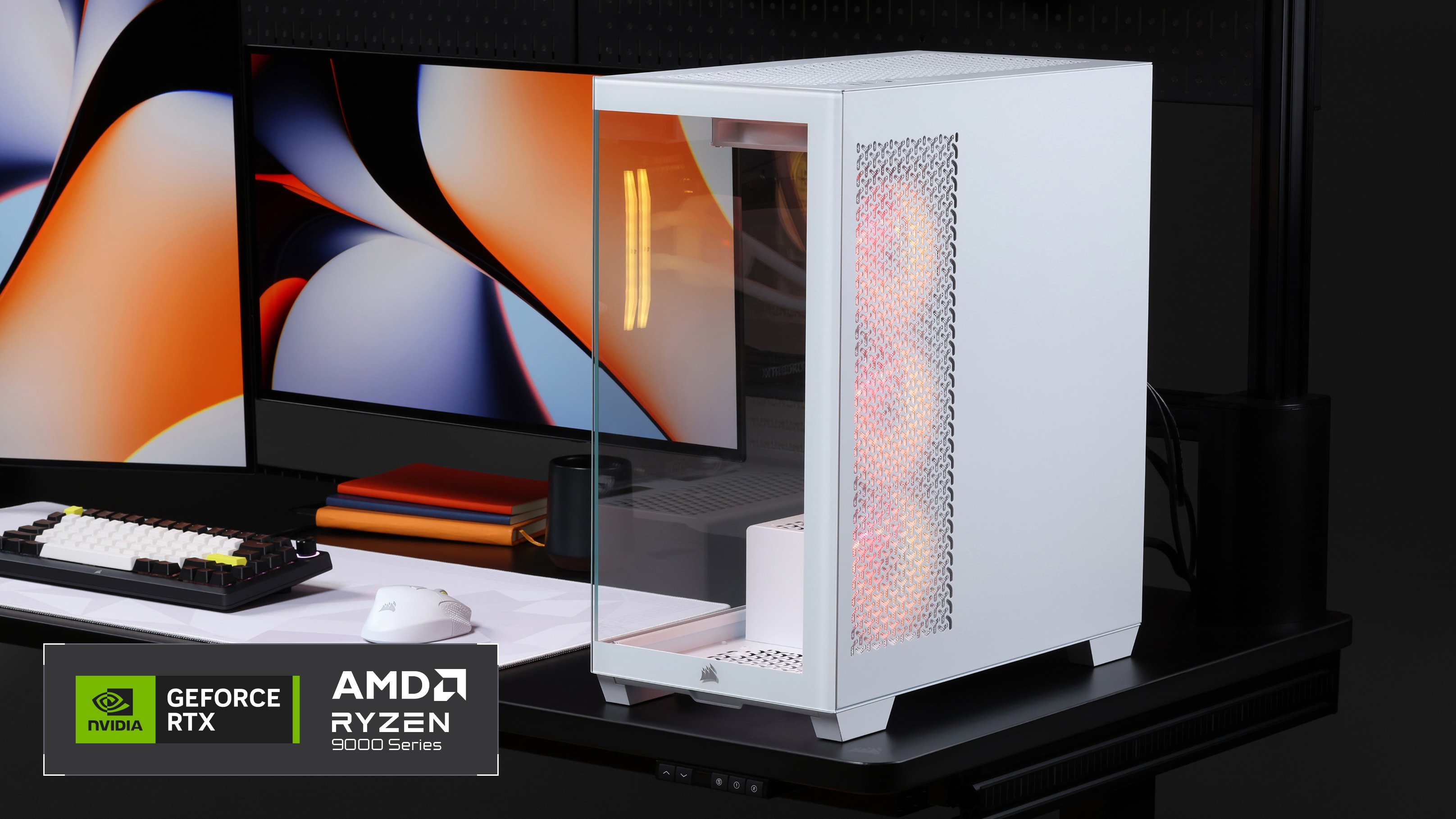 CORSAIR gaming PC tower with RGB fans beside a monitor, featuring NVIDIA GeForce RTX and AMD Ryzen 9000 Series.