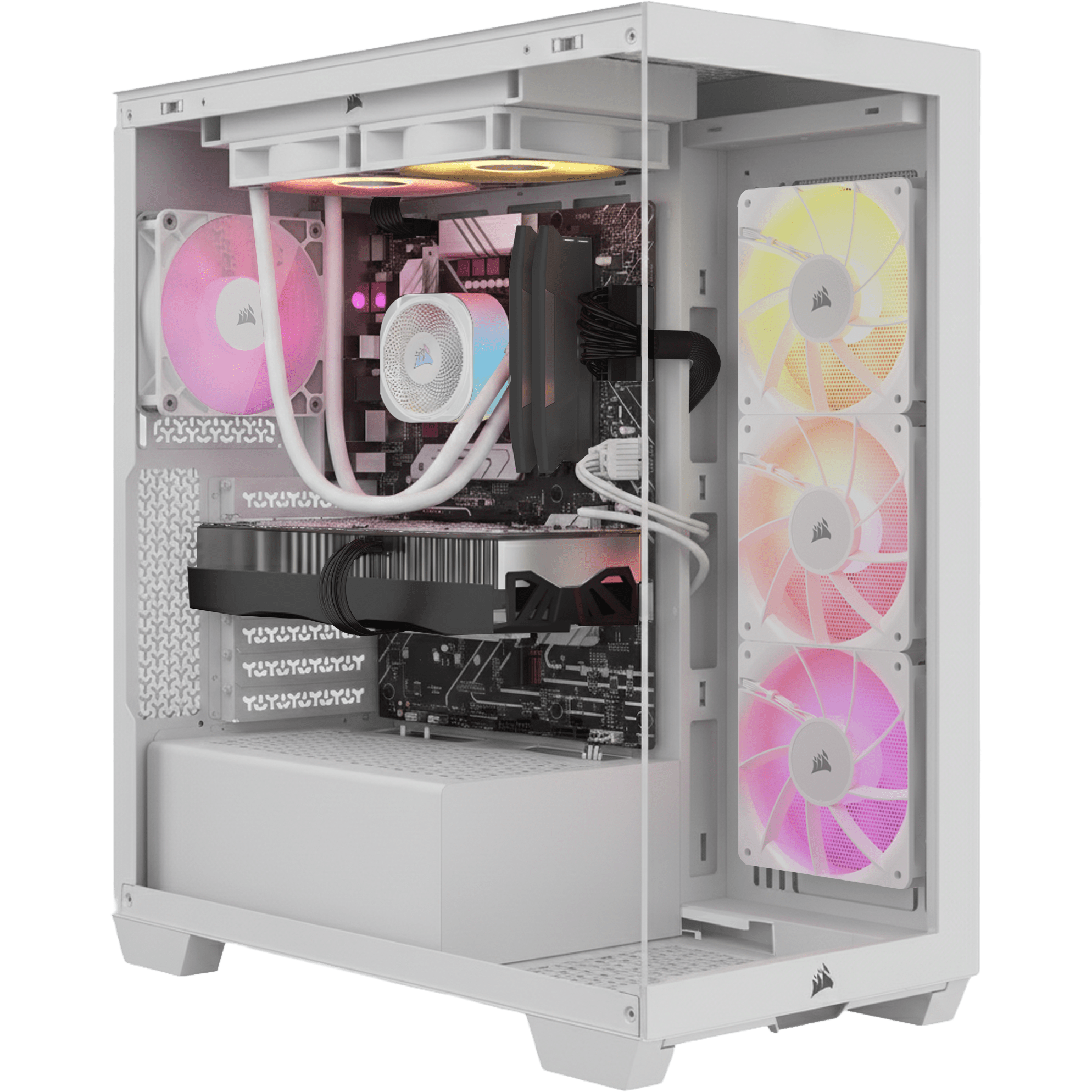 CORSAIR a7500 black gaming PC with tempered glass side panel showing AIO cooler, RGB RAM, and three vivid RGB case fans.