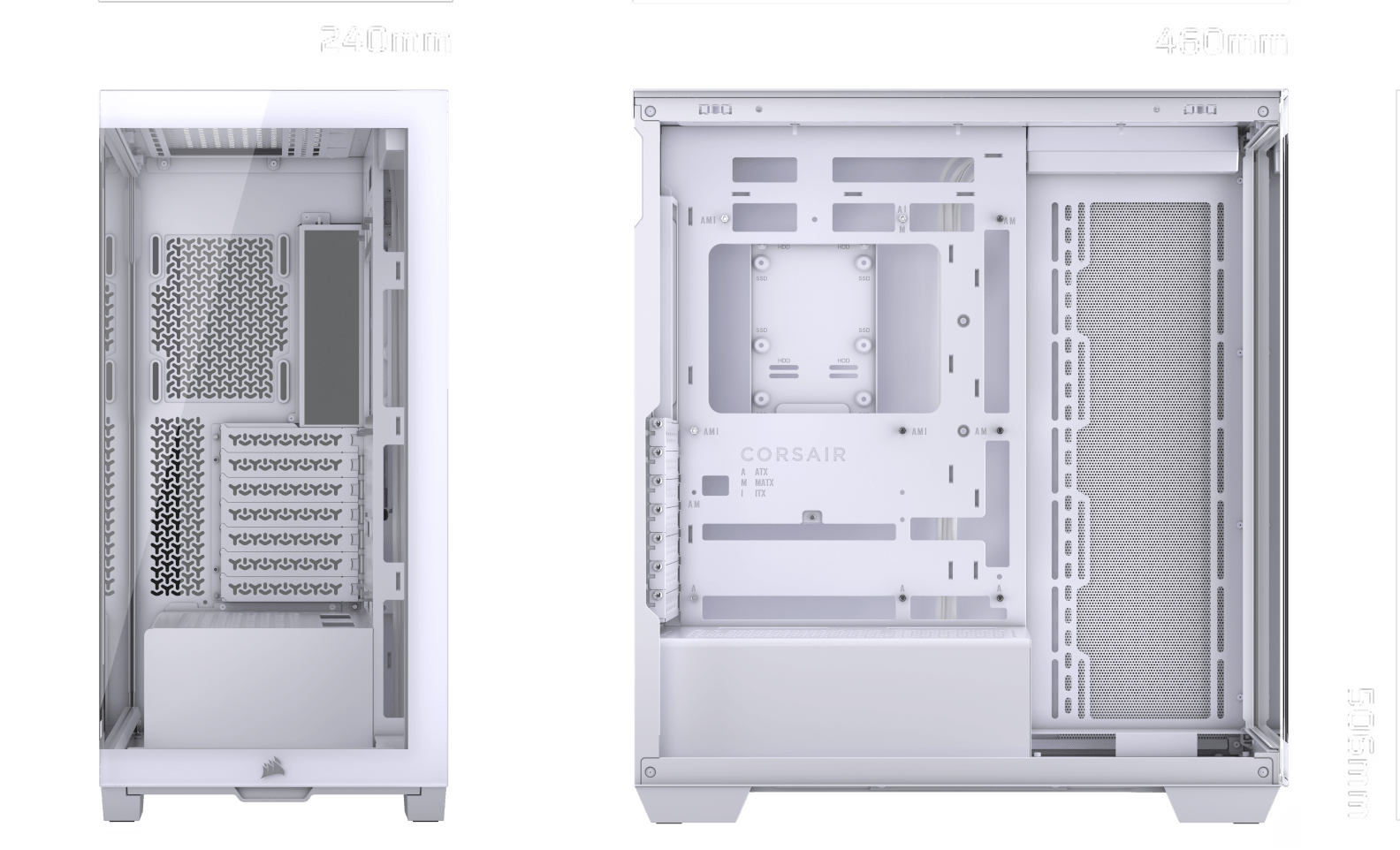 CORSAIR a7500 PC case dimensions diagram showing 240mm width with exterior and interior side views at 460×506mm.