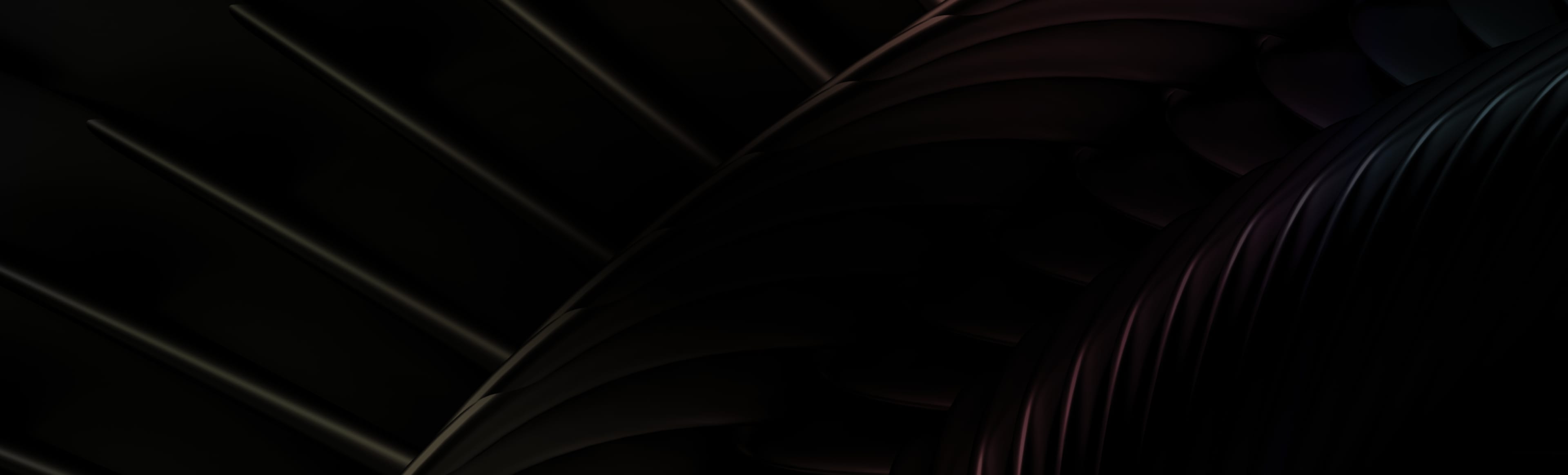 Dark abstract 3D background with metallic curved shapes and diagonal lines.