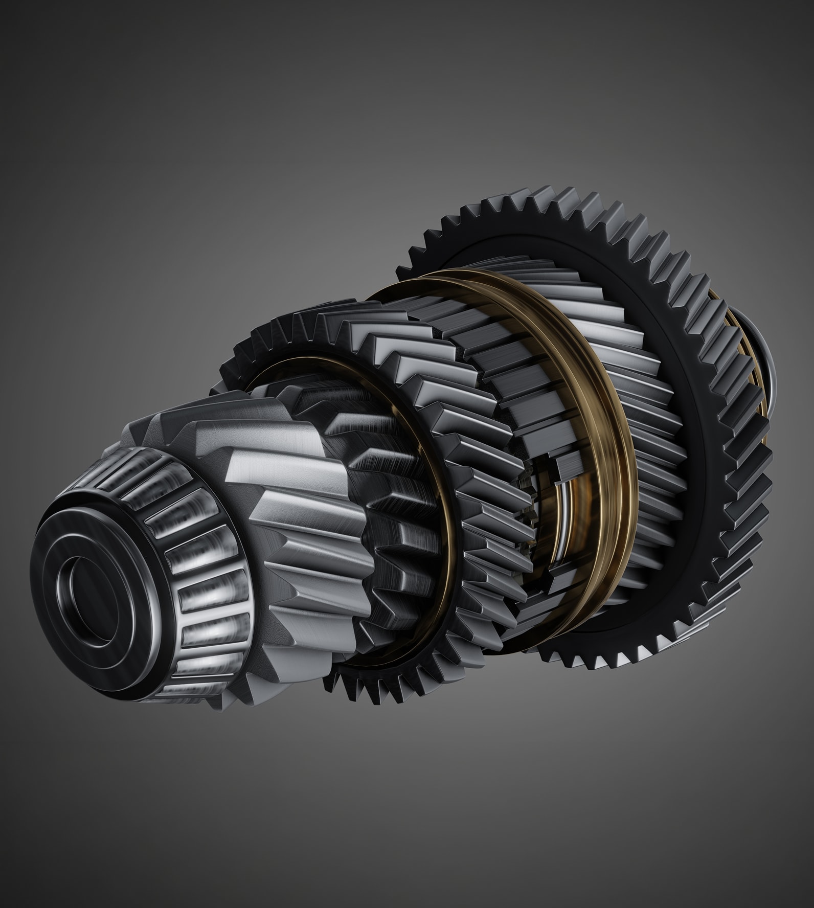 Rendered transmission gear assembly with helical gears and synchronizer rings.