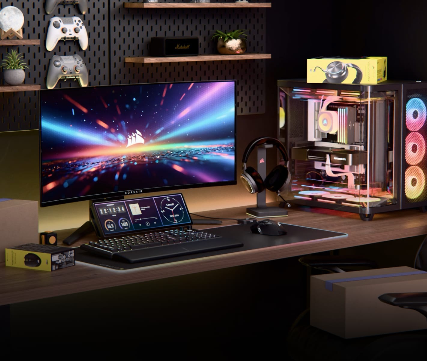 Corsair Vengeance a7500 gaming PC on a home desk with RGB lighting, AIO cooler, and case fans visible through the tempered glass panel.