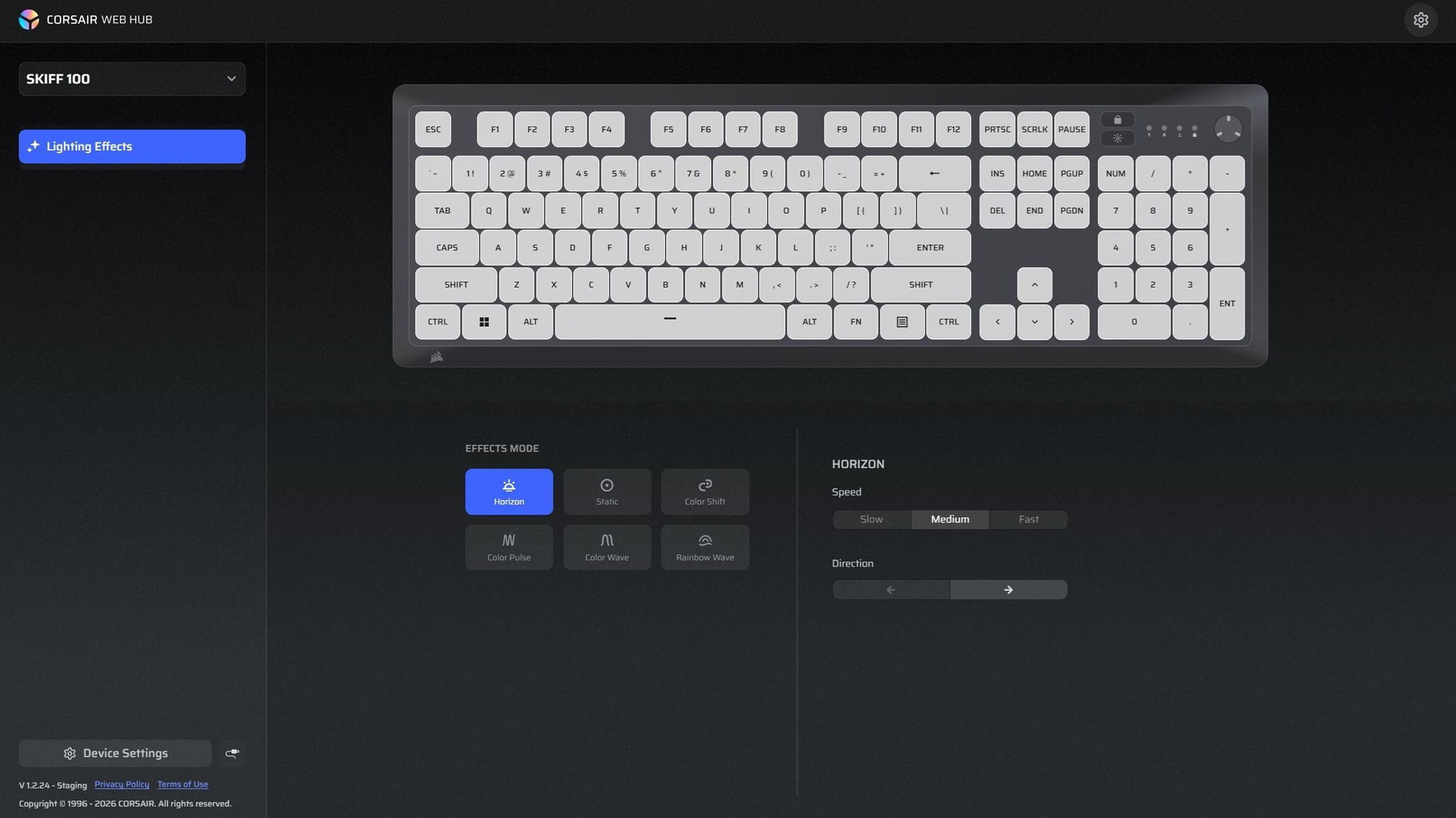SKIFF 100 keyboard shown in the iCUE web app interface with key layer assignments and assignable key list.