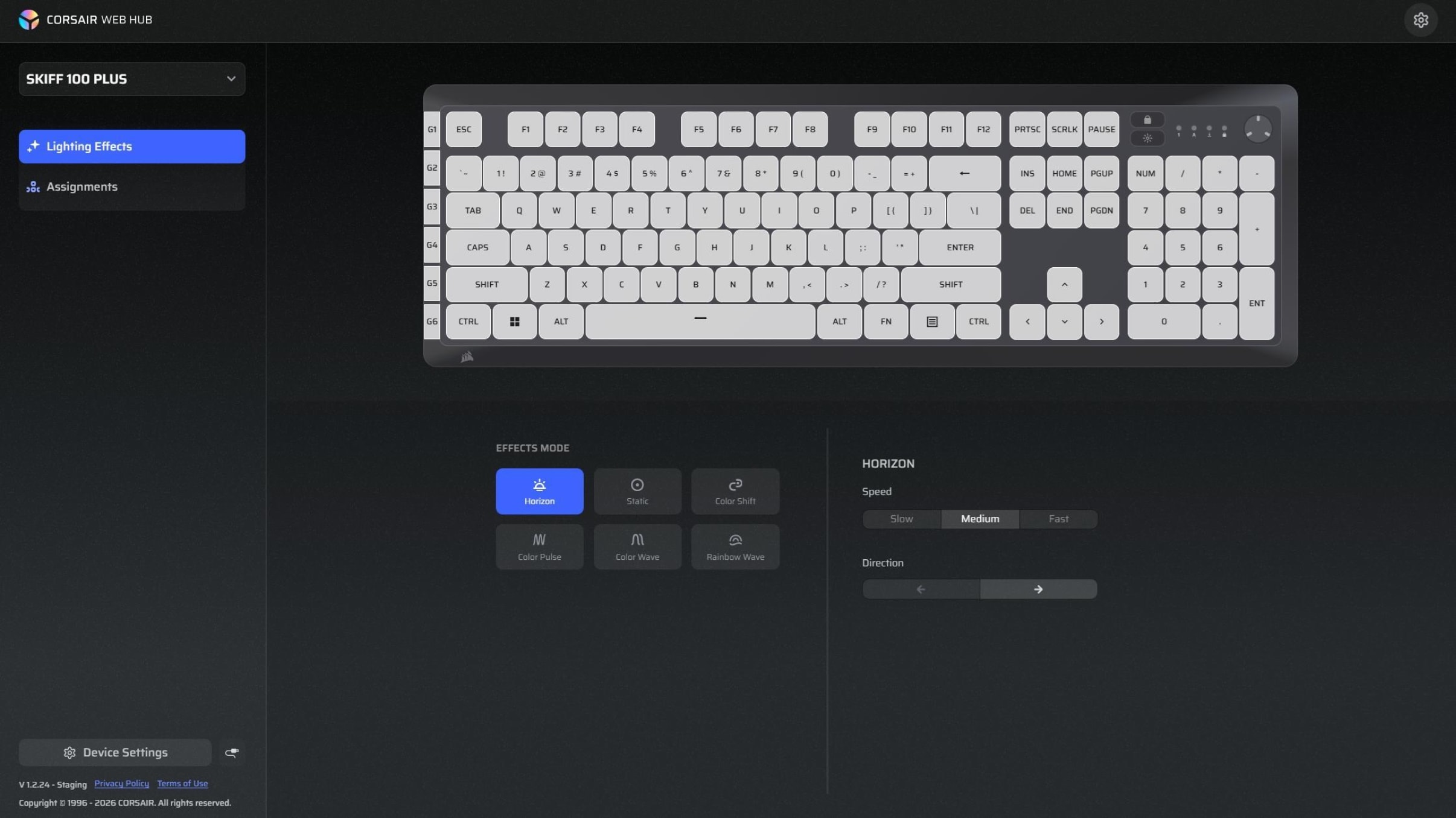 SKIFF 100 PLUS keyboard shown in the iCUE web app interface with key layer assignments and assignable key list.
