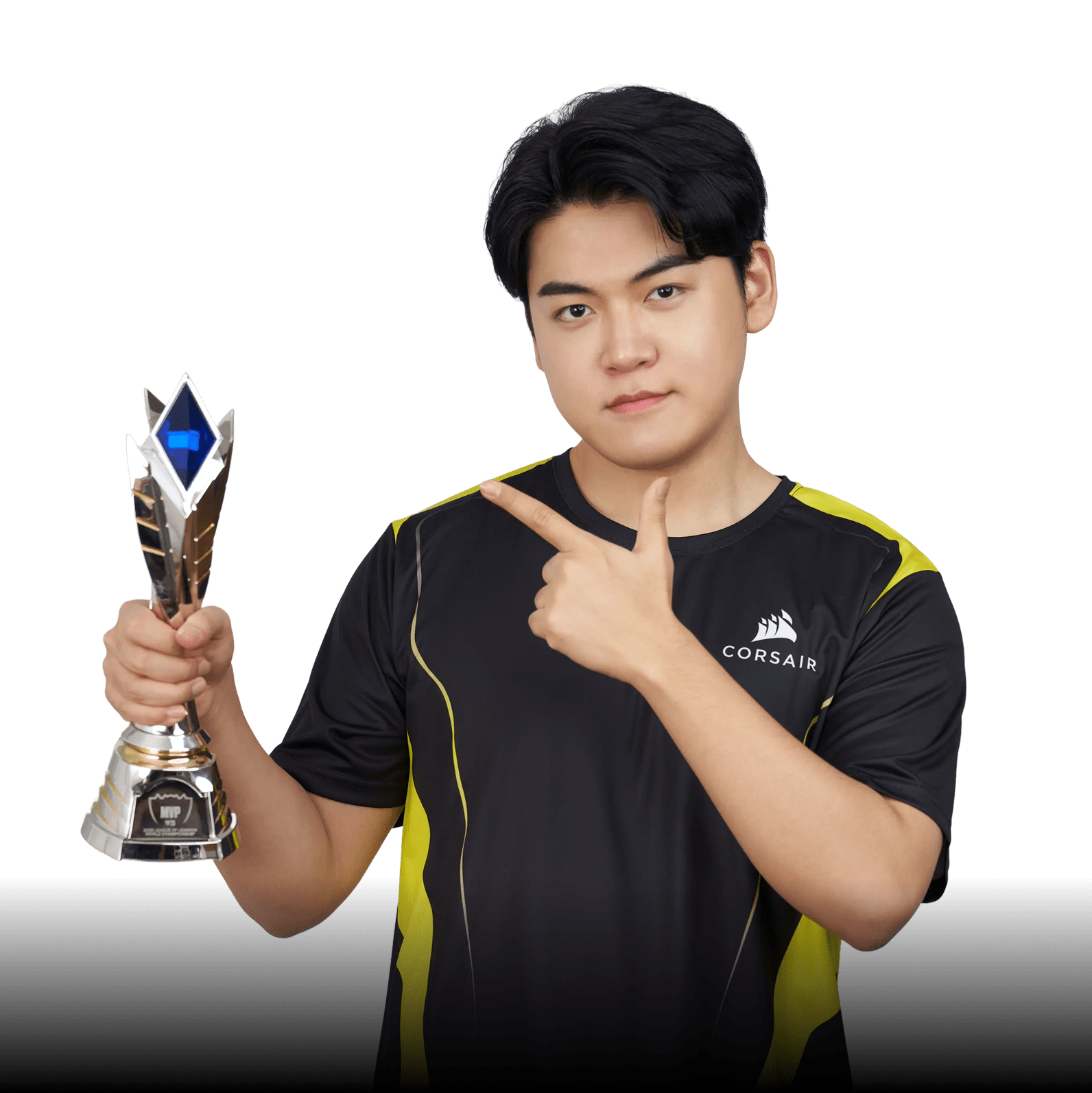 Gumayusi, League of Legends pro player, holds an MVP trophy in a CORSAIR-branded jersey with signature