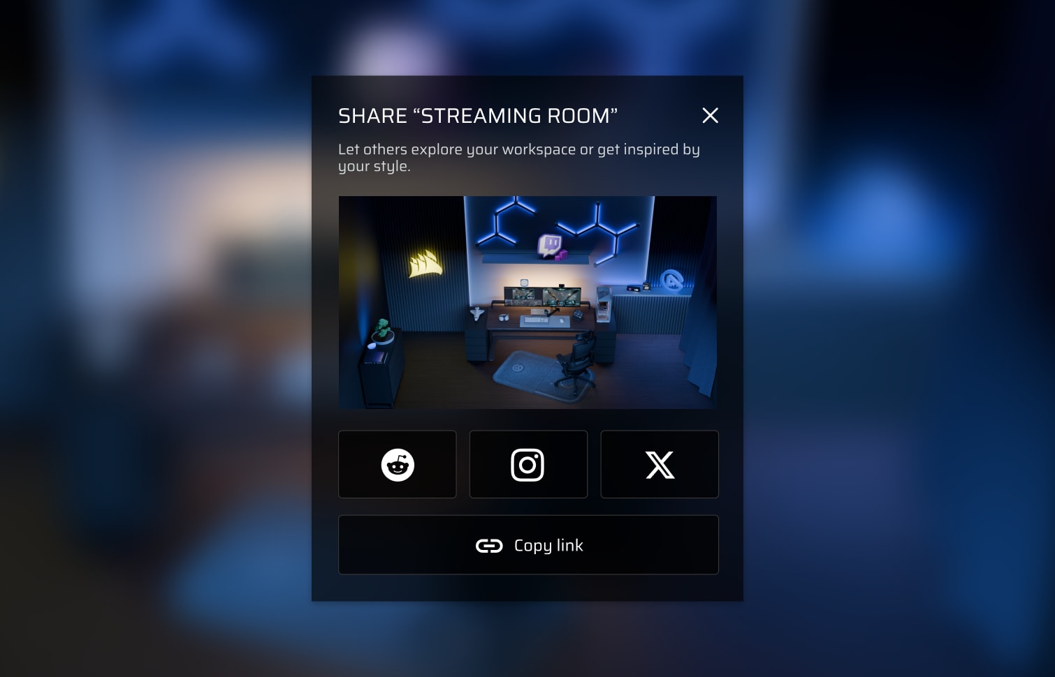 Shared desk setup configuration in Corsair Atelier showing a complete gaming setup ready to be explored by anyone with the link