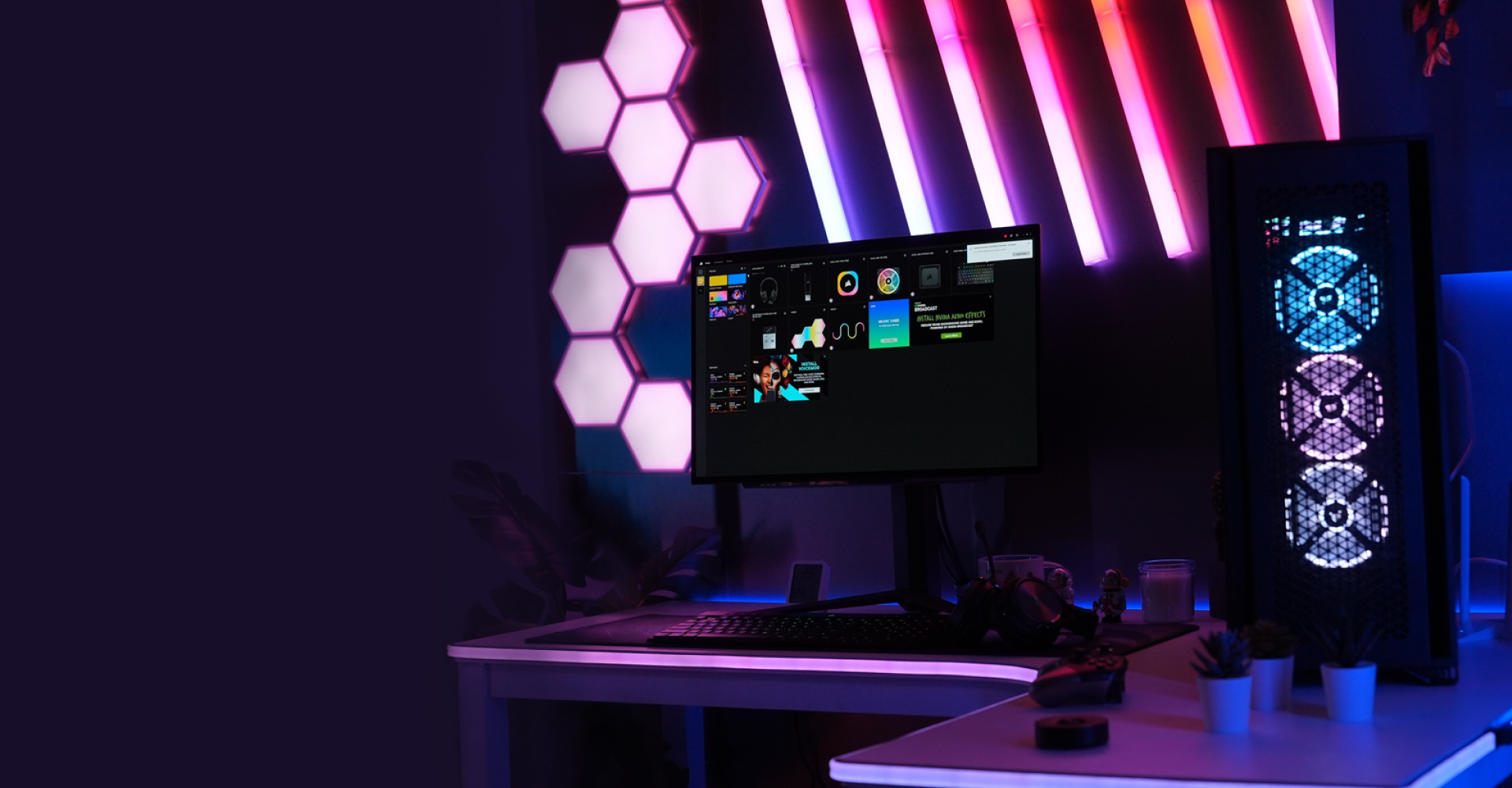 Nanoleaf Lighting over a corsair computer setup