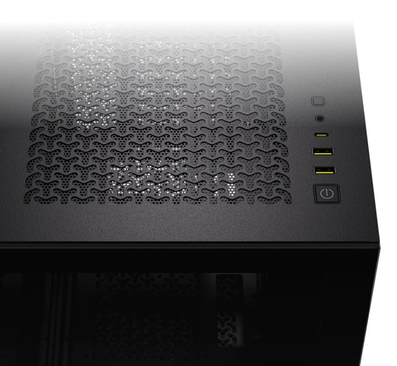 CORSAIR 3500X PC case close-up of the front mesh panel with triangular perforations and front I/O connectivity ports.