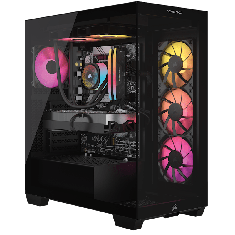 CORSAIR VENGEANCE a7500 gaming PC with tempered glass panel showcasing RGB liquid cooling and fans.