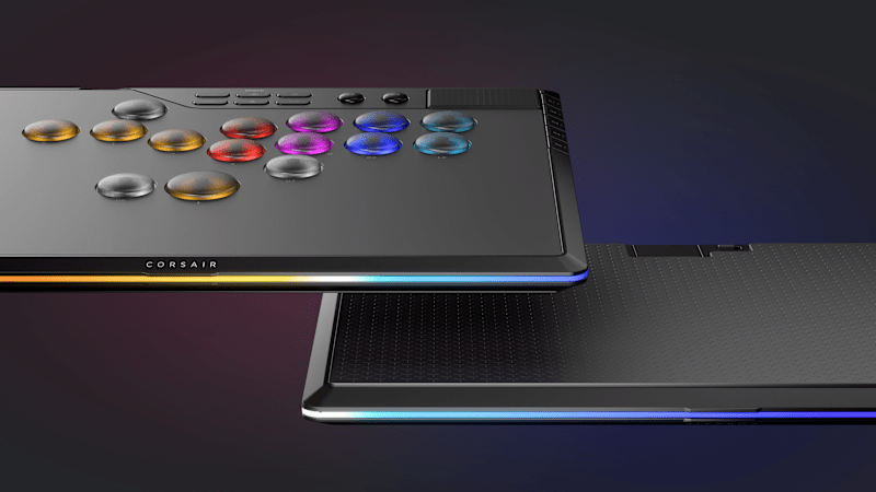 CORSAIR Novablade arcade controllers with RGB-lit buttons and rainbow underglow shown from a dynamic angle.