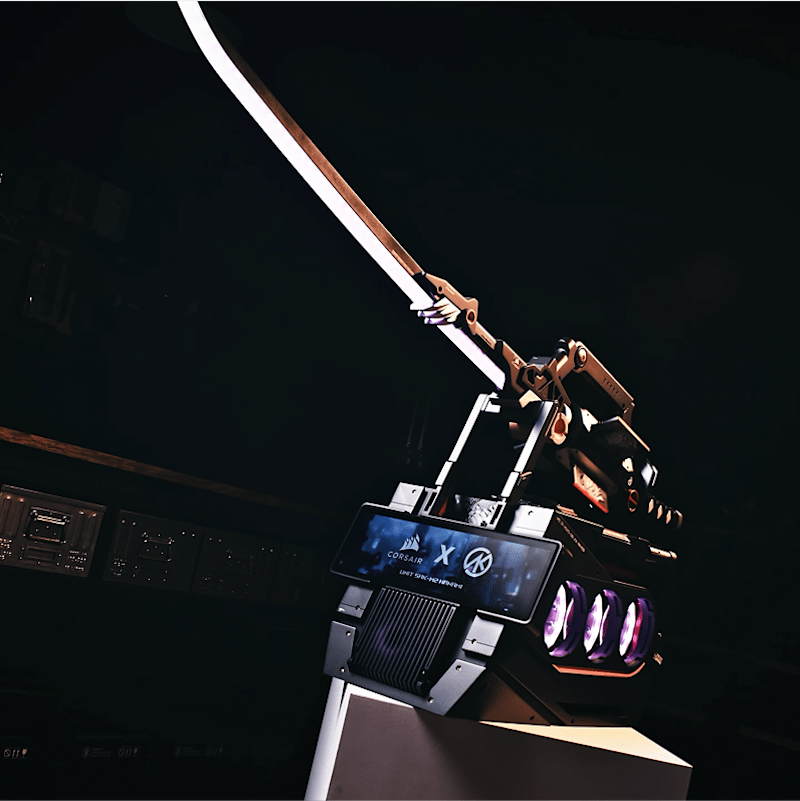 Dramatic stylized render of CORSAIR SHUGO DDR5 memory with katana-inspired design accents on dark background.