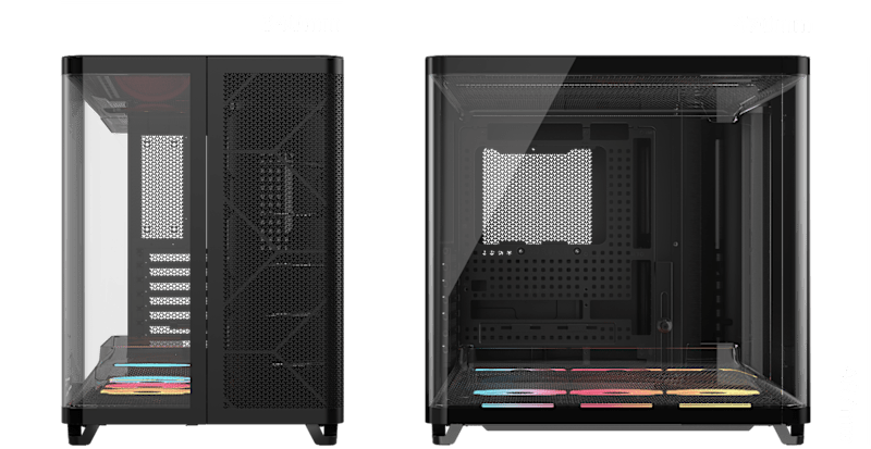 CORSAIR AIR 5400 LX-R black tower PC case shown from two angles with width and height dimension labels annotated.