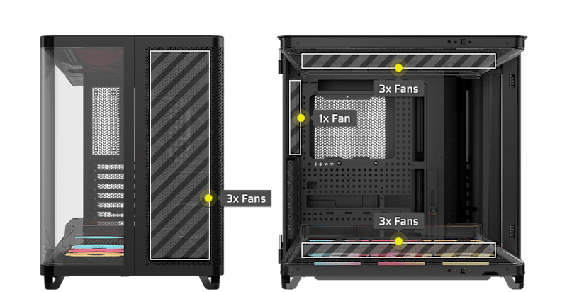 CORSAIR AIR 5400 LX-R black case showing fan capacity: 3x fans front, 3x fans top, 1x fan side.