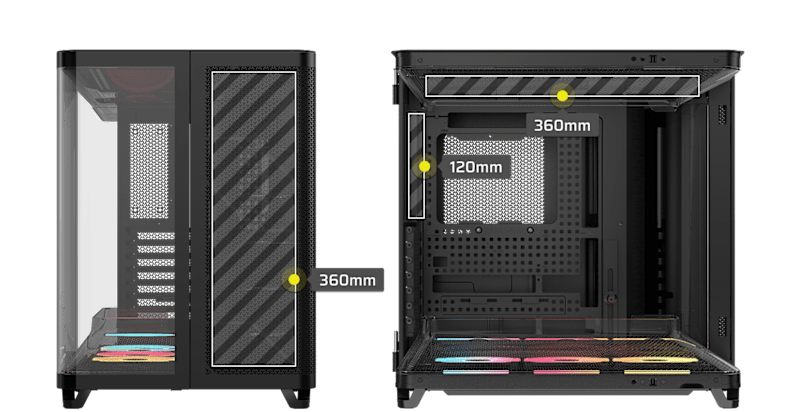 CORSAIR AIR 5400 LX-R black case spec diagram showing radiator mounting capacity positions and configurations.