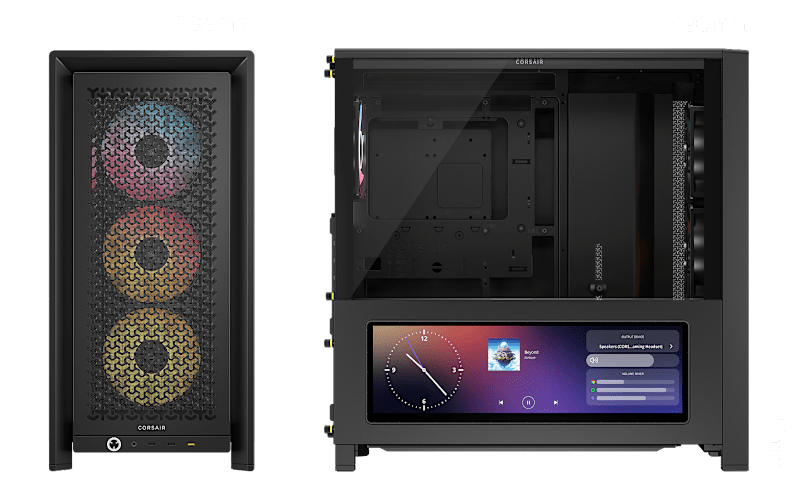 CORSAIR FRAME 4000D LCD black case dimension diagram with annotated measurements for width, height, and depth.