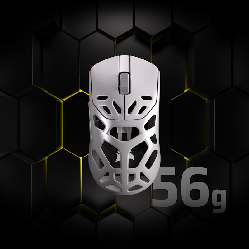 An overhead shot of SABRE v2 PRO MG WIRELESS on top of text that lists its weight at 56g.