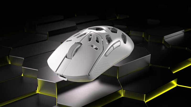 3/4 front shot of the SABRE v2 PRO MG WIRELESS in white.