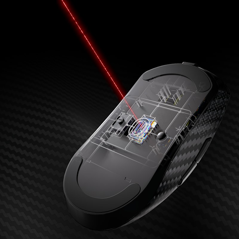 An image showcasing the MARKSMAN S sensor on the SABRE v2 PRO WIRELESS Carbon Fiber Gaming Mouse.