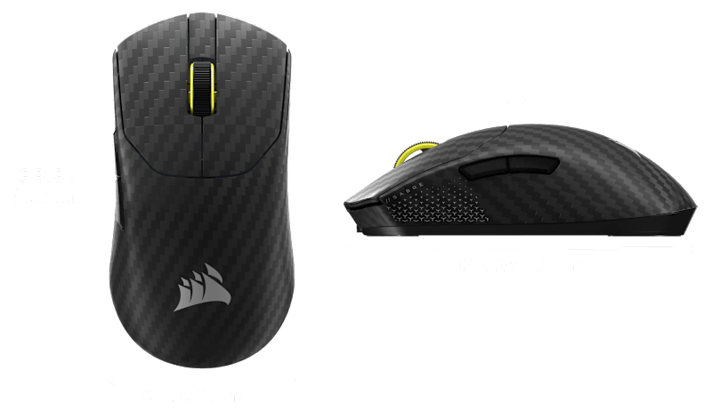 Diagram of the SABRE v2 PRO WIRELESS CF showing that the mouse measures 38.8mm ± 0.5mm tall, 122.9mm ± 0.5mm long, 64.1mm ± 0.5mm wide, and weighs 56g.