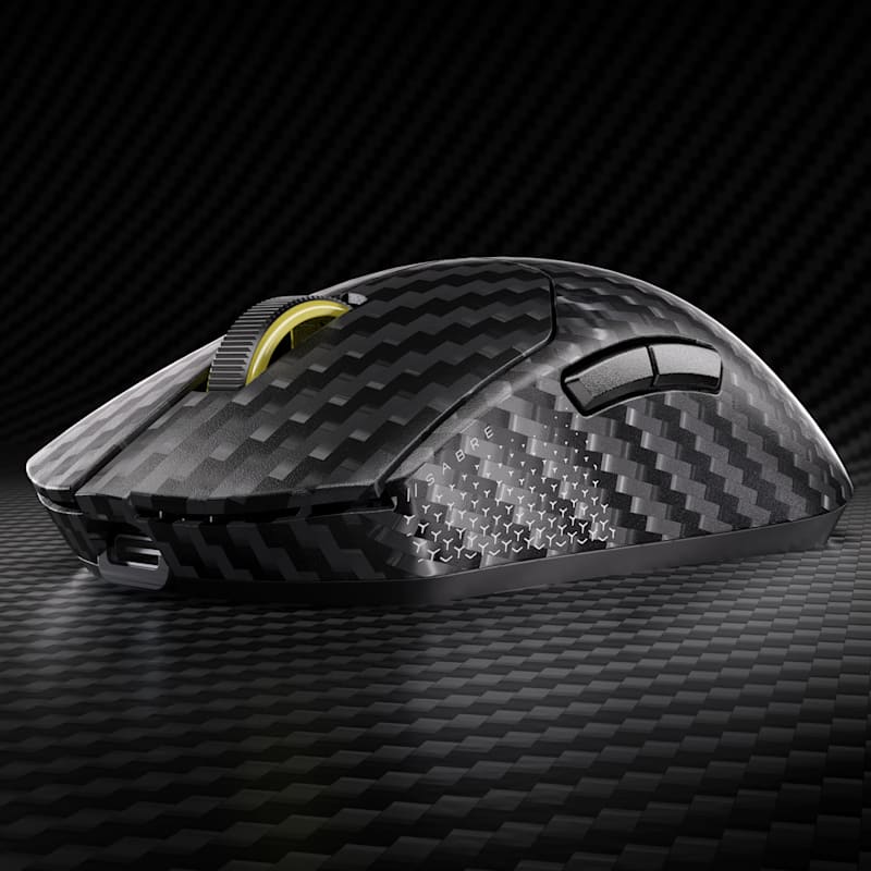A three quarters front shot of the SABRE v2 PRO WIRELESS Carbon Fiber Gaming Mouse.