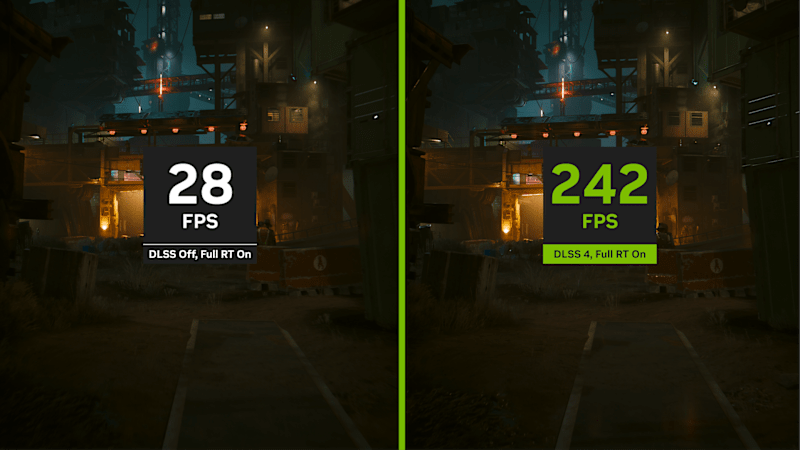 NVIDIA DLSS 4 Multi Frame Generation comparison showing 28 FPS without DLSS versus 242 FPS with DLSS 4.