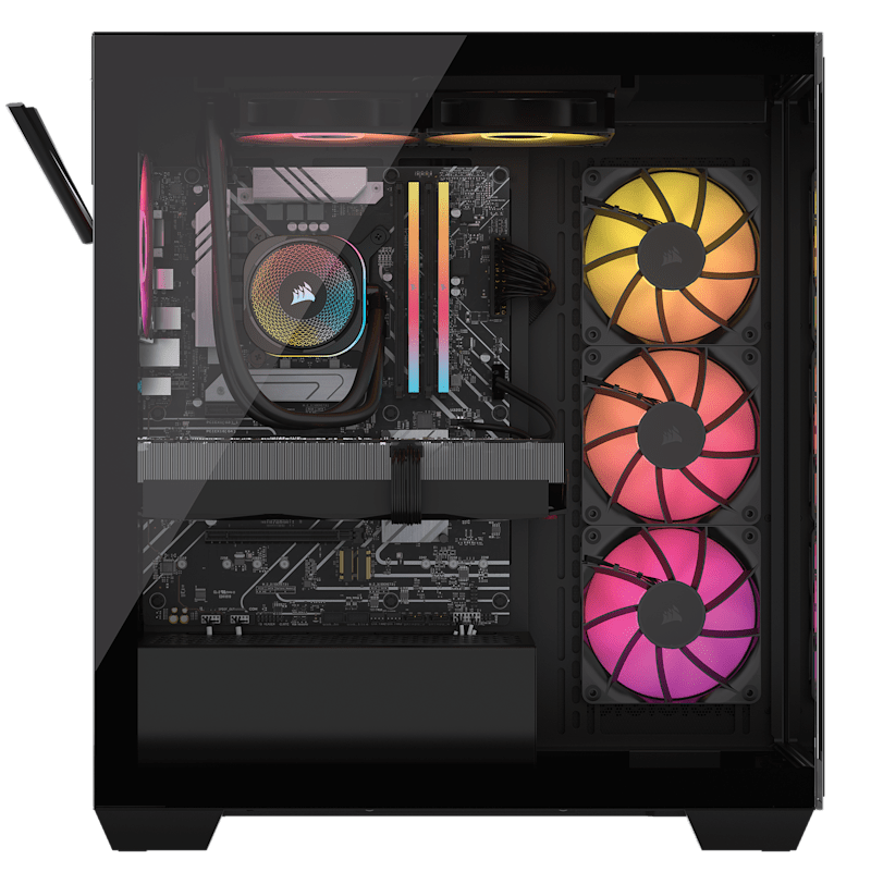 CORSAIR a7500 black gaming PC with tempered glass side panel showing AIO cooler, RGB RAM, and three vivid RGB case fans.
